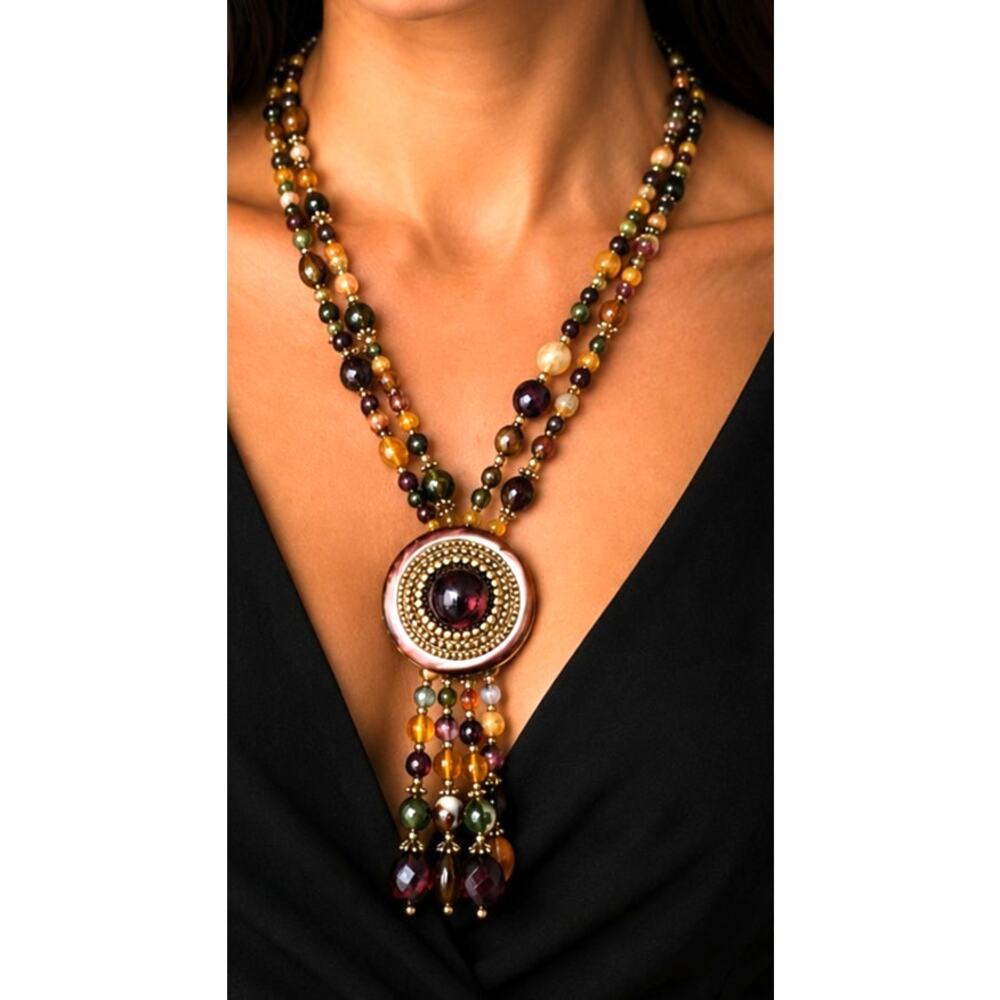 Vintage Purple Necklace Beaded Lucite Tassel Statement Necklace 24"‎ blu03-06